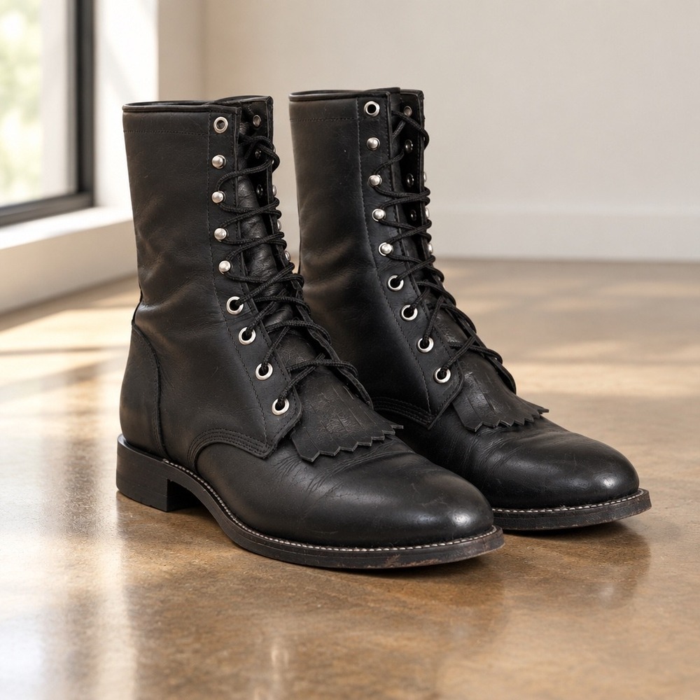 Vintage Justin 506 Black Kidskin Lacer Boots M 7.5 D W 9 Kiltie Western Roper